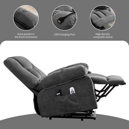 Gray recliner chair with features highlighted on a gray background