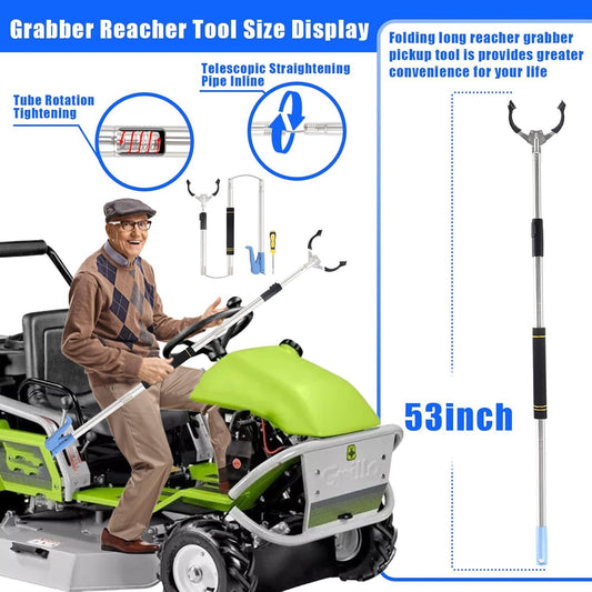 User picking up trash or reaching for items with Frebuta 53-inch grabber tool. Ideal for seniors and limited mobility.
