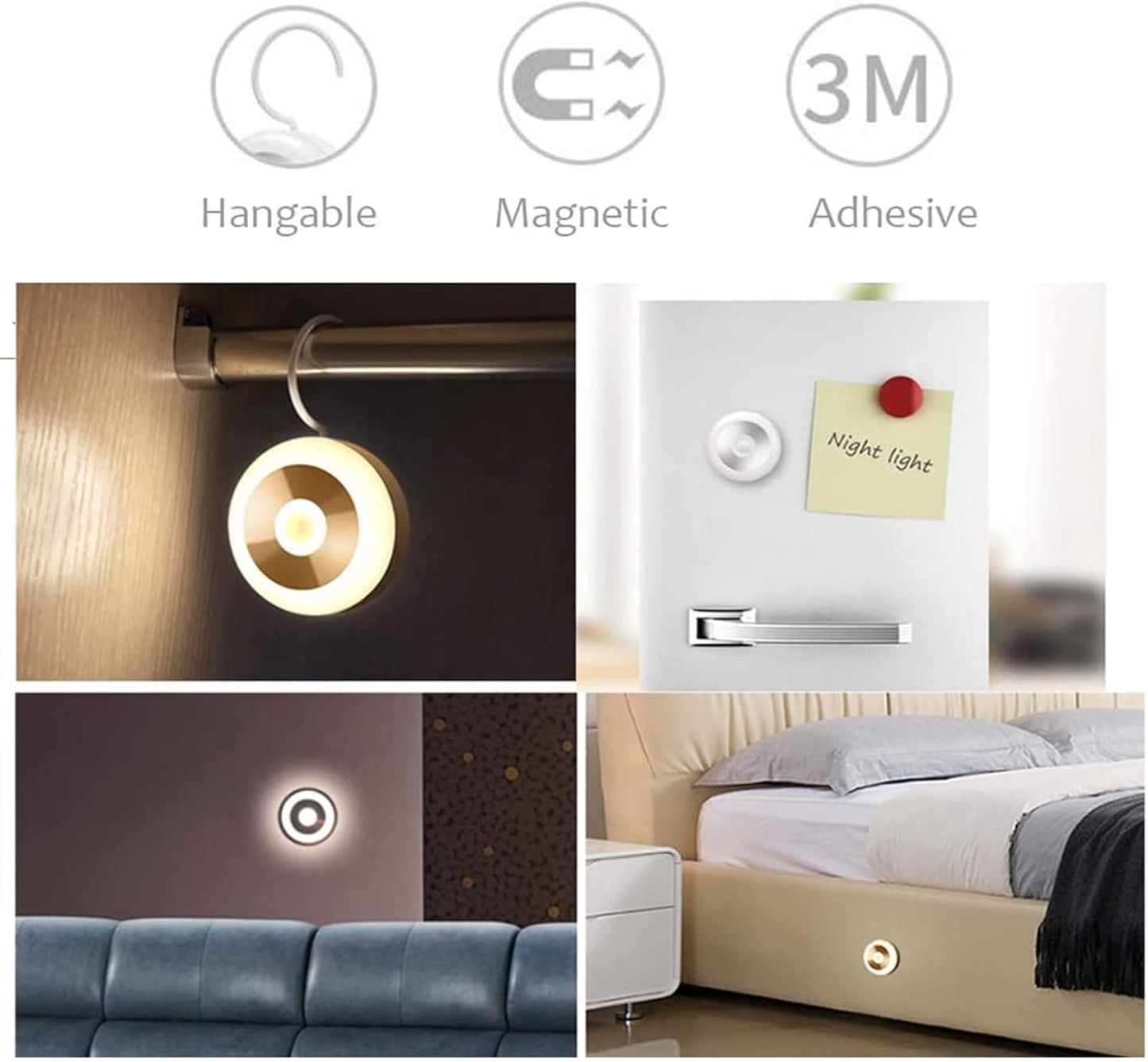 Collage of a light fixture with hanging, magnetic, and adhesive features in various settings.

