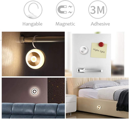 Collage of a light fixture with hanging, magnetic, and adhesive features in various settings.

