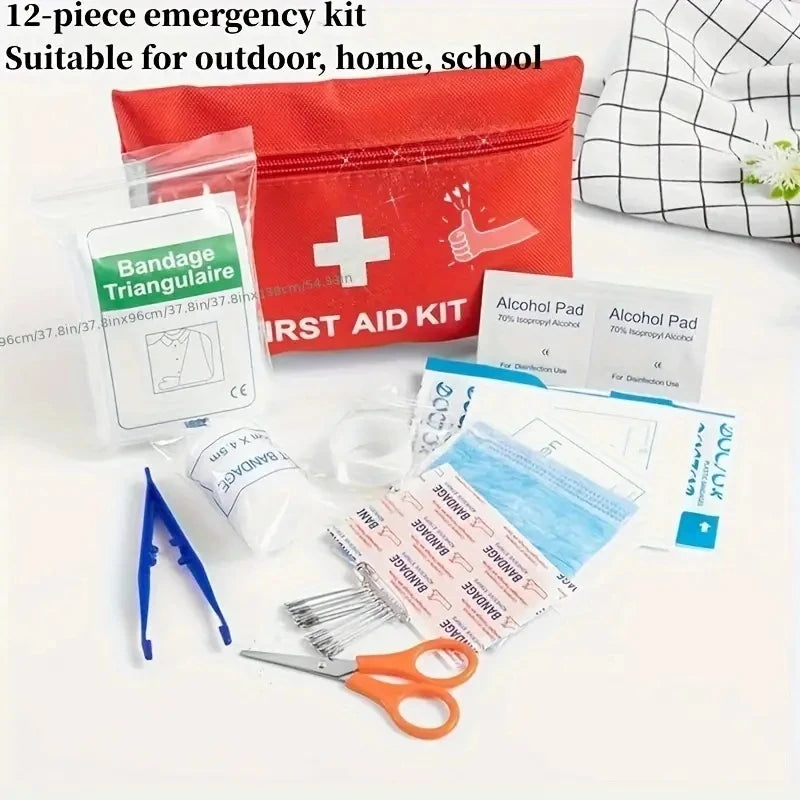 12-piece emergency kit with bandages, alcohol pads, and scissors on a white background

