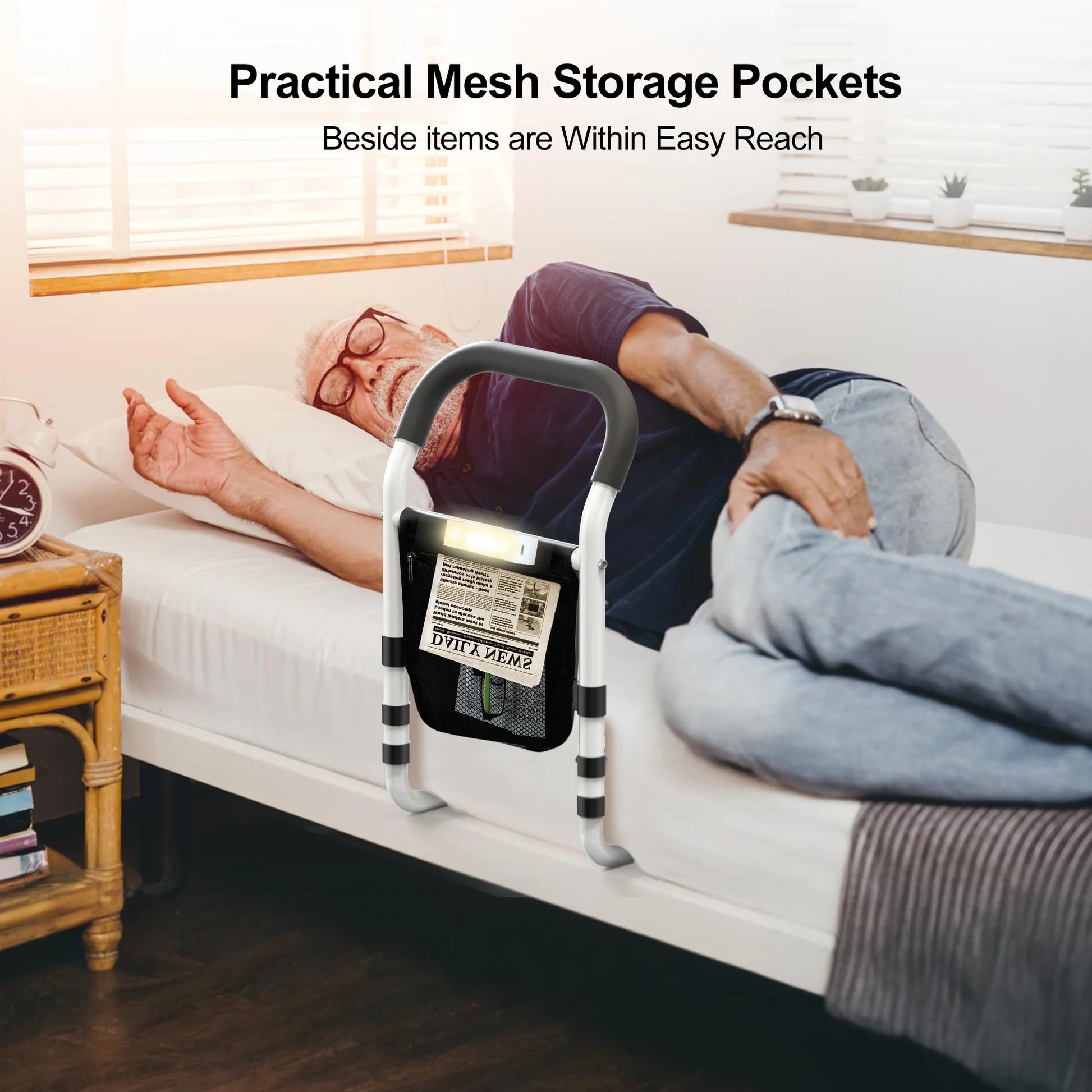 Bedside ladder with mesh storage pockets for easy access, used by an elderly person.