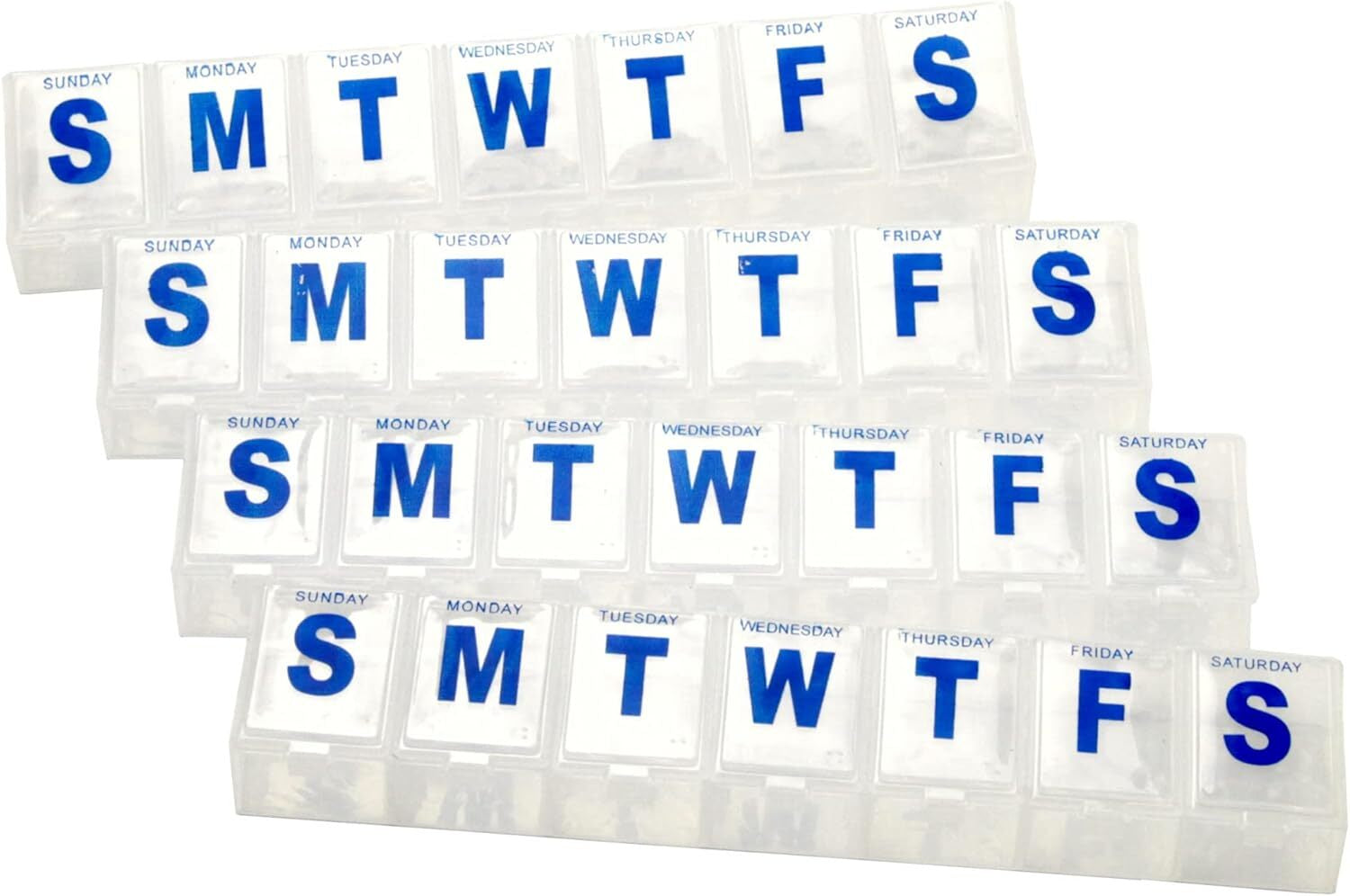 Set of white pill organizers with blue letters indicating days of the week.

