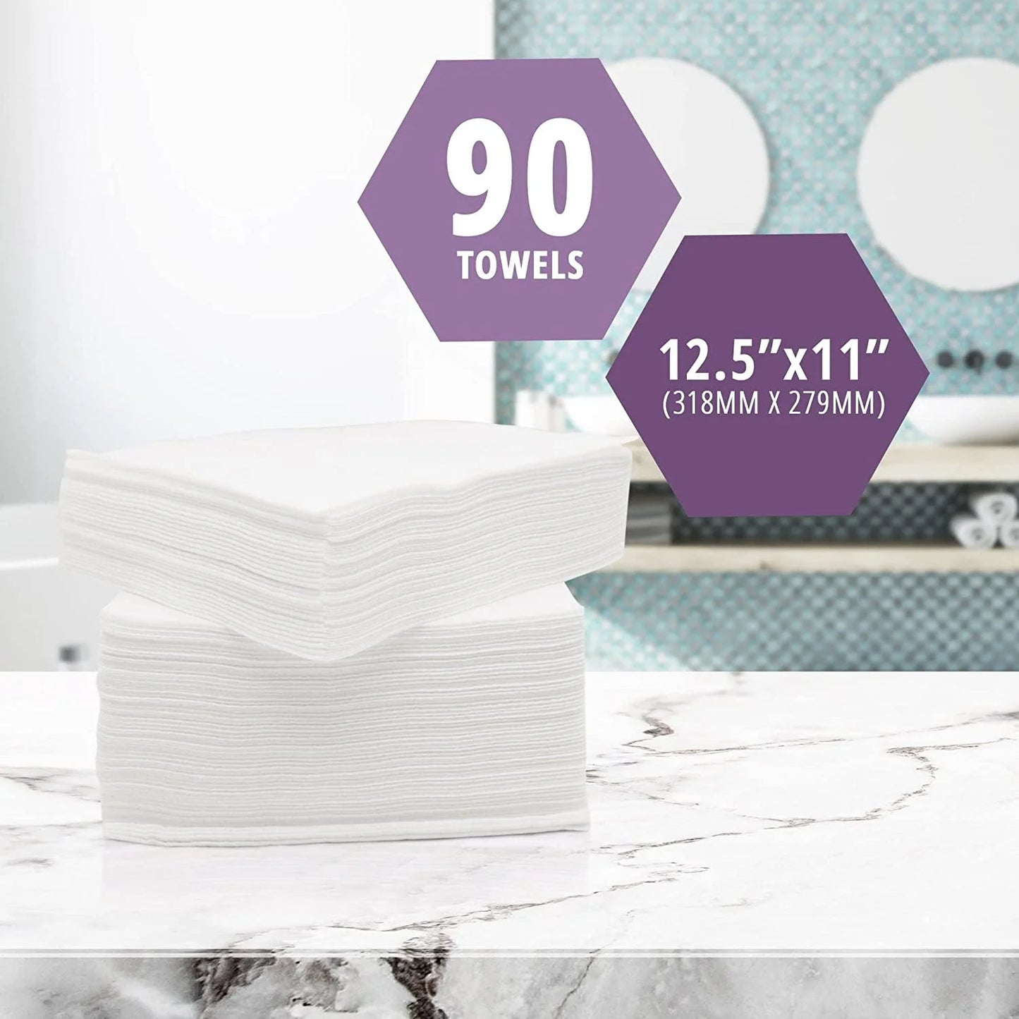 Stack of white towels with dimensions and quantity text overlay on a marble surface.