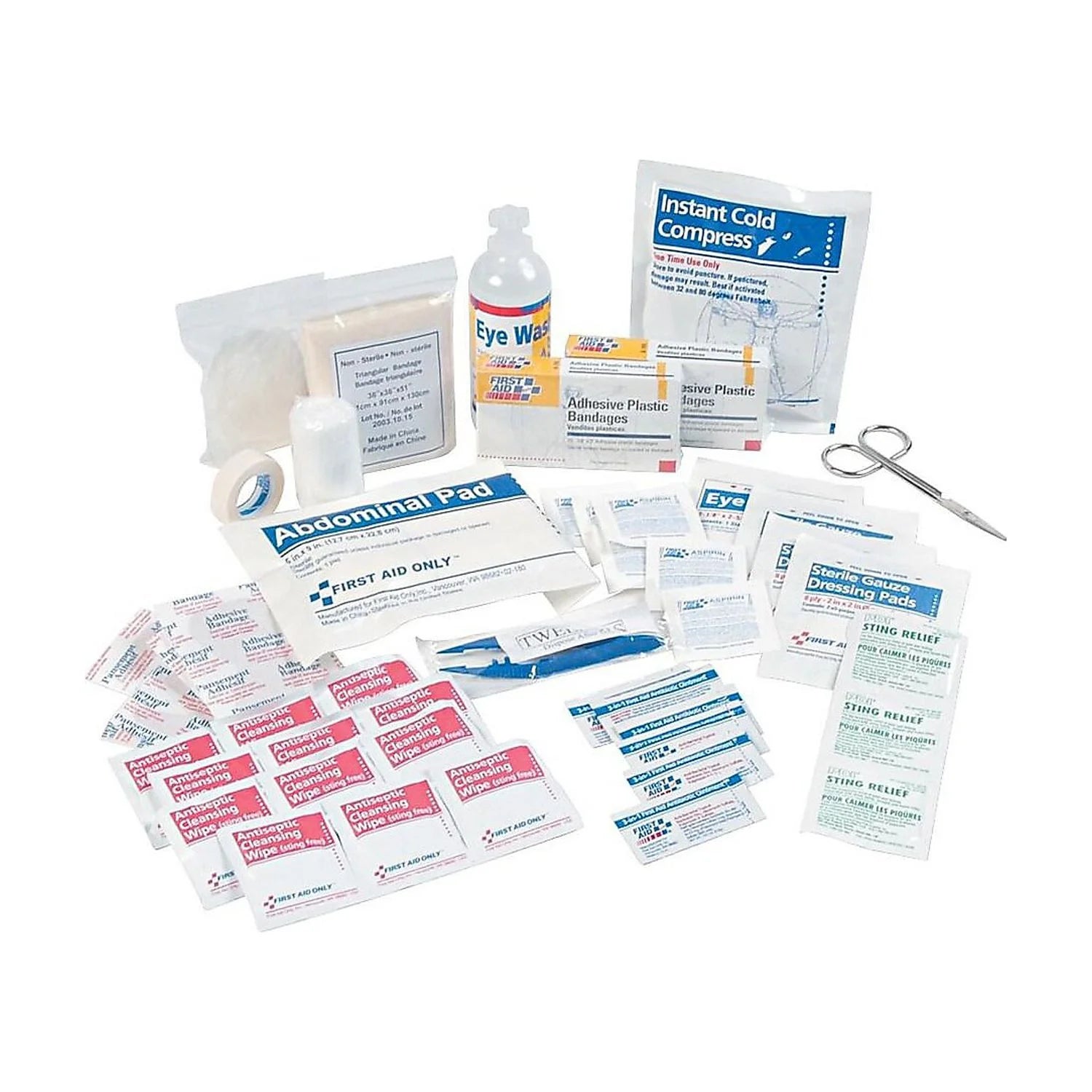 Collection of first aid supplies including bandages, ointments, and a bottle on a white background

