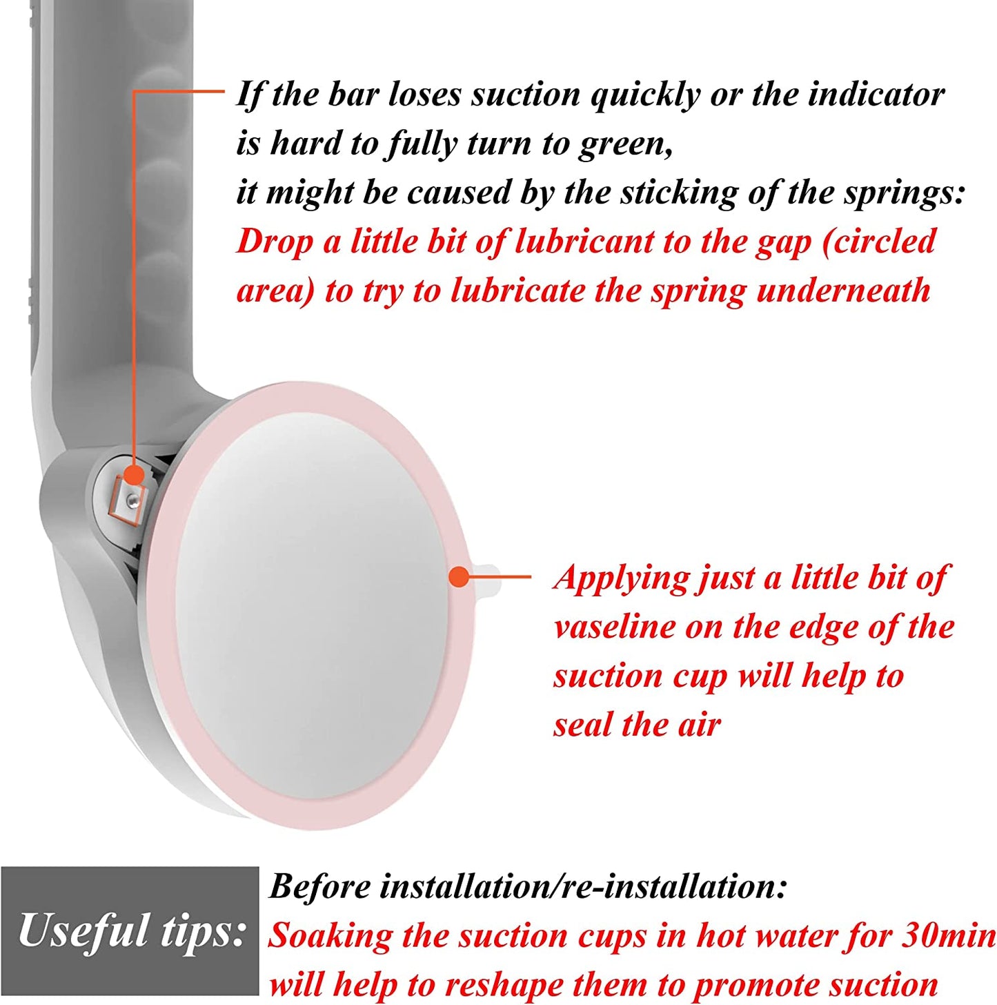 Instructions for maintaining a suction cup device with text overlay on a gray background