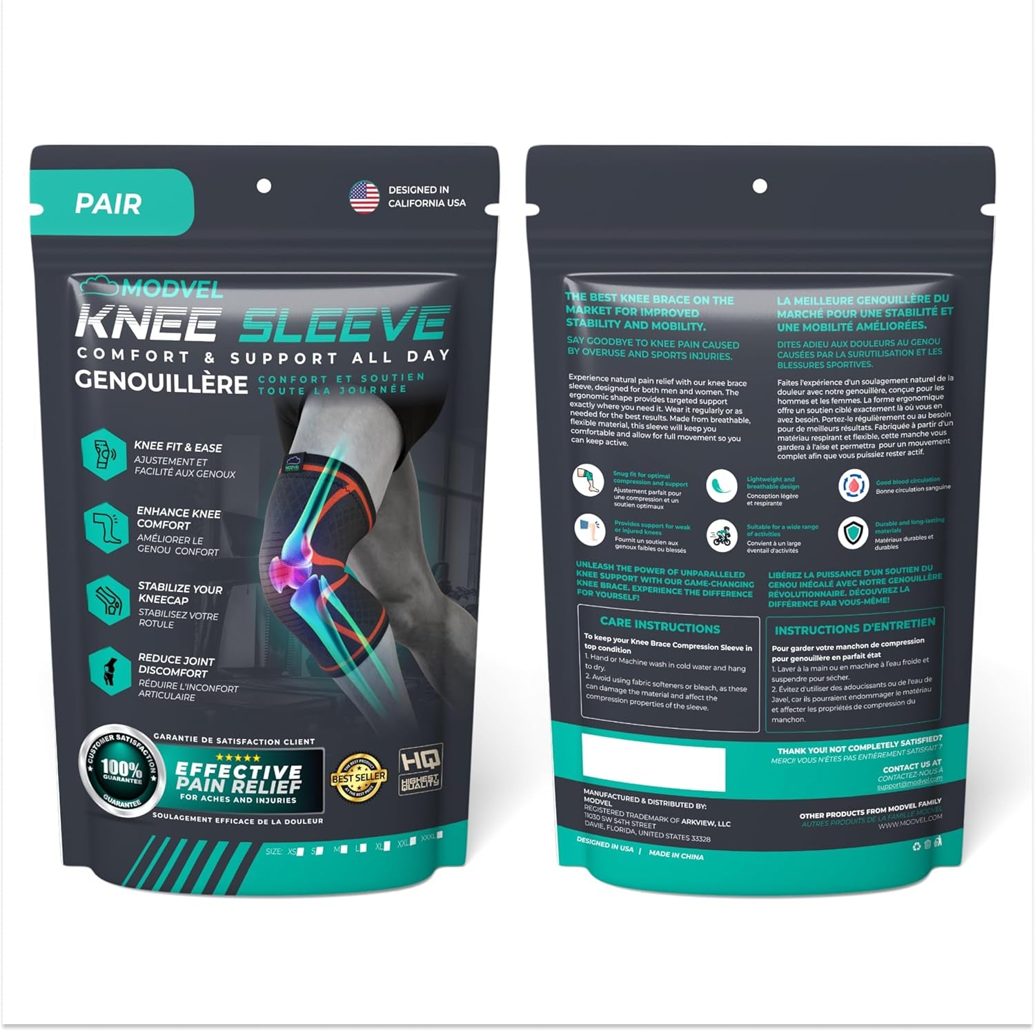 Knee sleeve packaging with text and images on a white background

