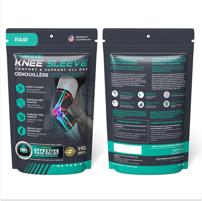 Knee sleeve packaging with text and images on a white background

