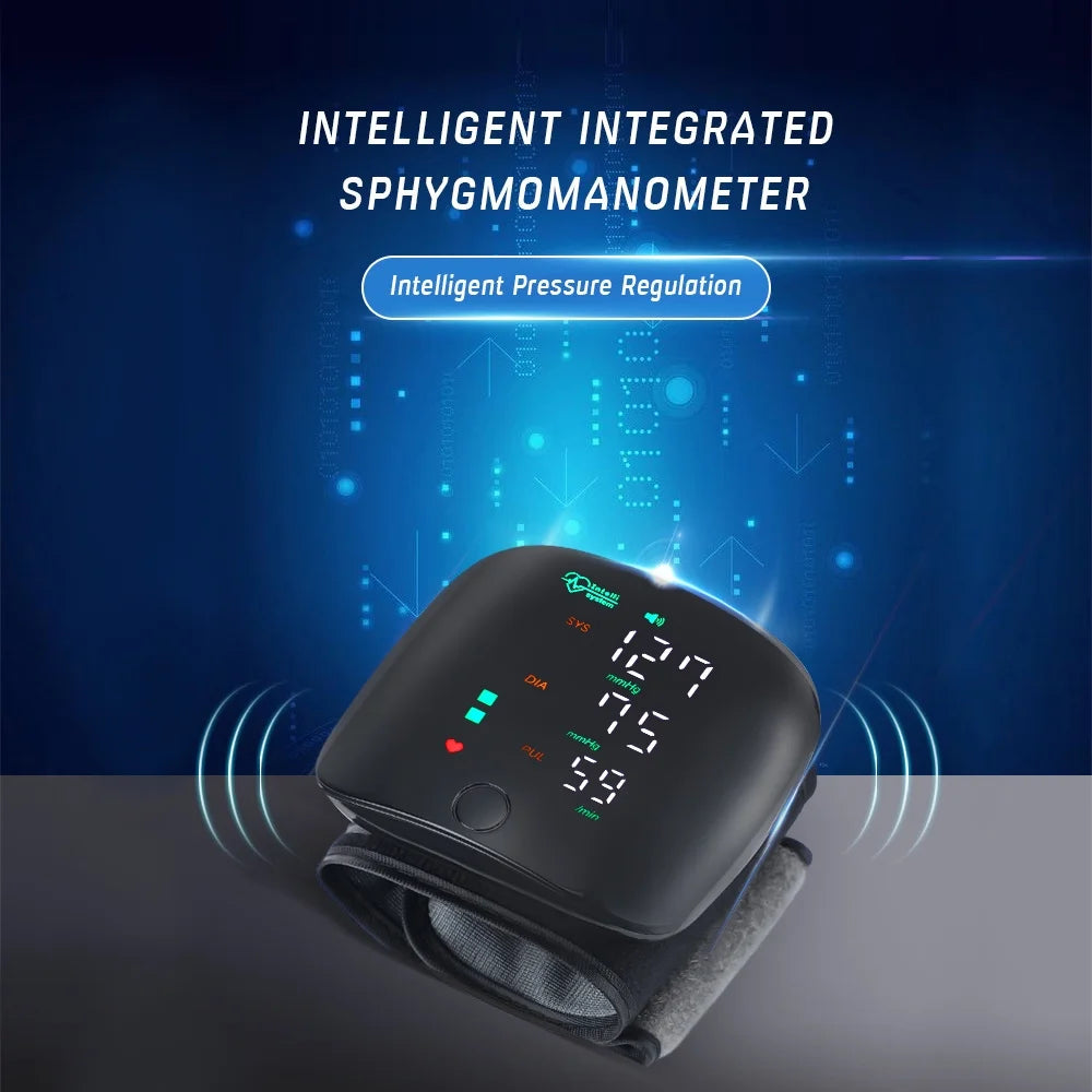 Intelligent integrated sphygmomanometer with digital display on a dark background

