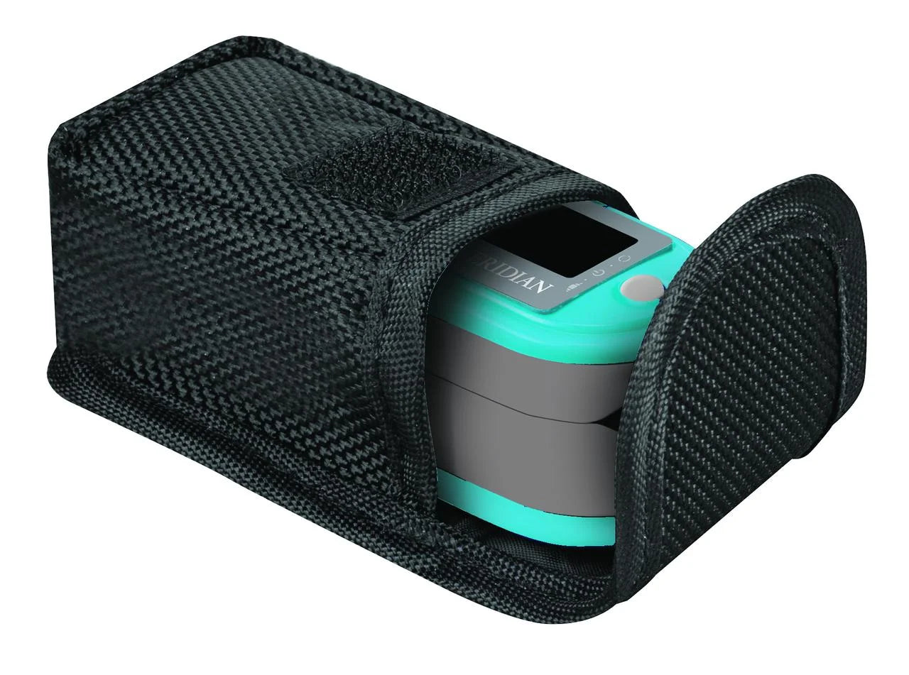 Turquoise and gray device in a black textured case on a white background

