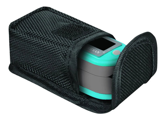 Turquoise and gray device in a black textured case on a white background

