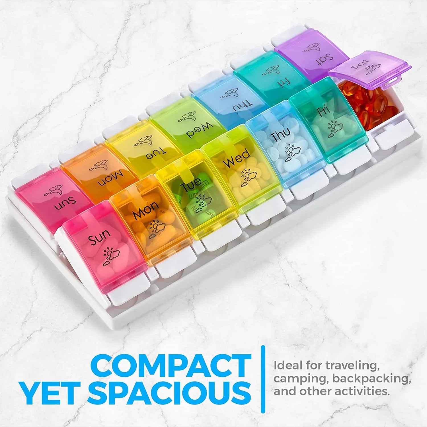 Colorful weekly pill organizer on a white background with text 'Compact Yet Spacious'.

