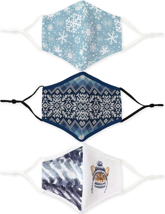 Set of four patterned face masks on a white background


