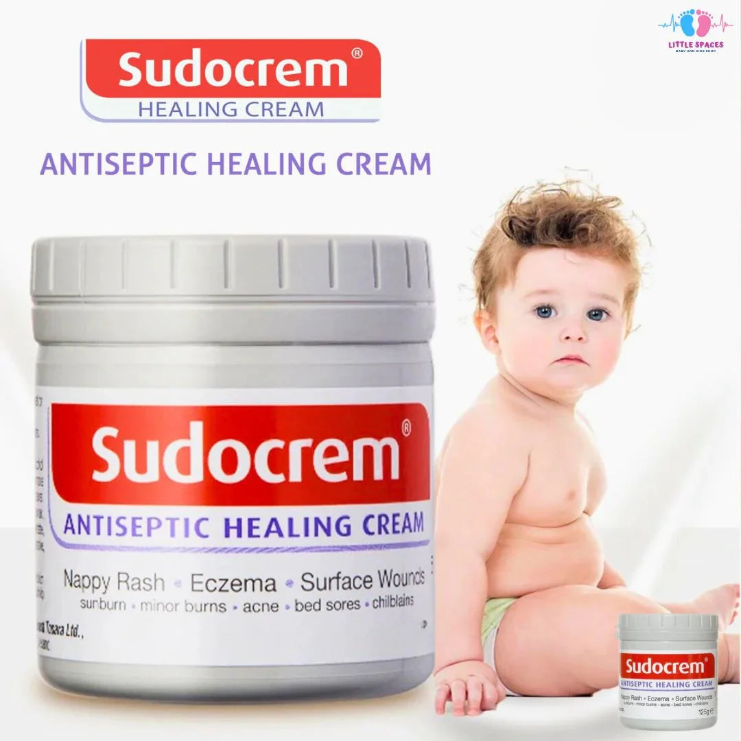Sudocrem antiseptic healing cream jar with a child on a white background

