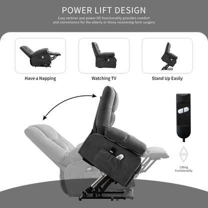 Recliner chair with power lift design features on a gray background