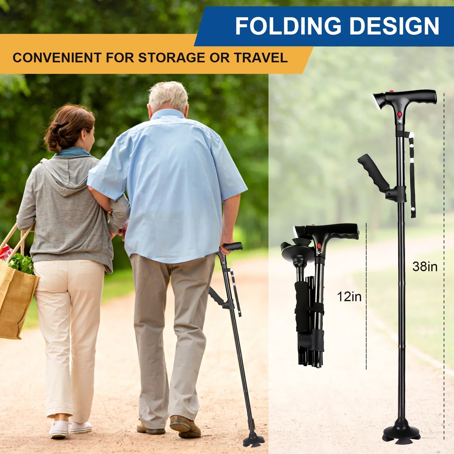 Walking Canes for Men and Women, Foldable, Adjustable, Aluminum Canes with LED Flashlight, Fall Alarm, Free Standing Cane, Pivot Tip, Heavy Duty Walking Sticks for Seniors & Adults