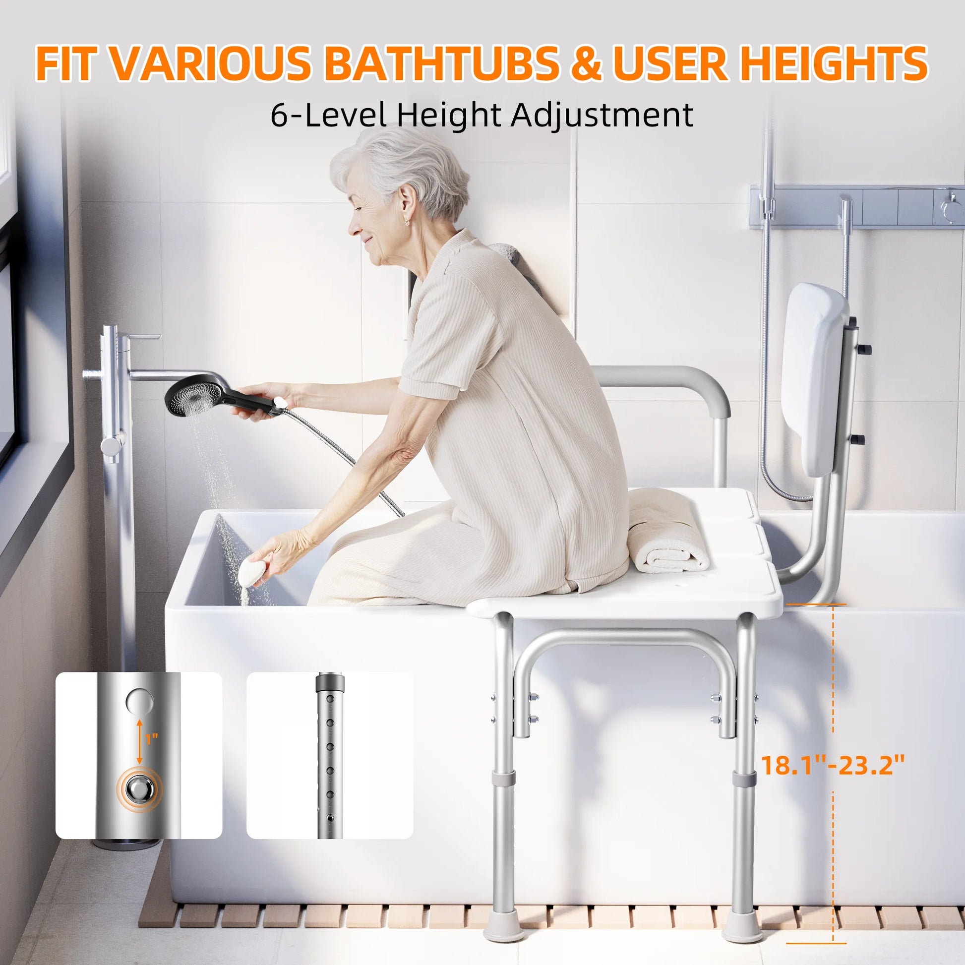 Person using a adjustable bathtub seat with height adjustment features highlighted.

