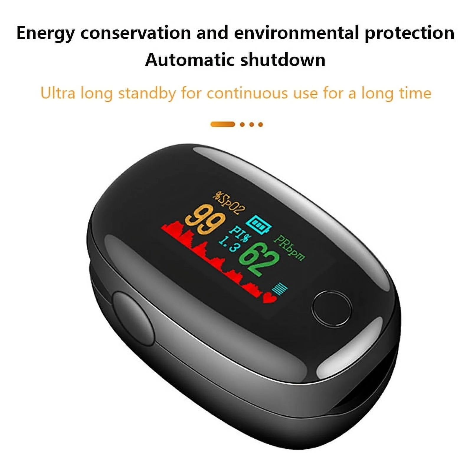 Black pulse oximeter with digital display on a white background

