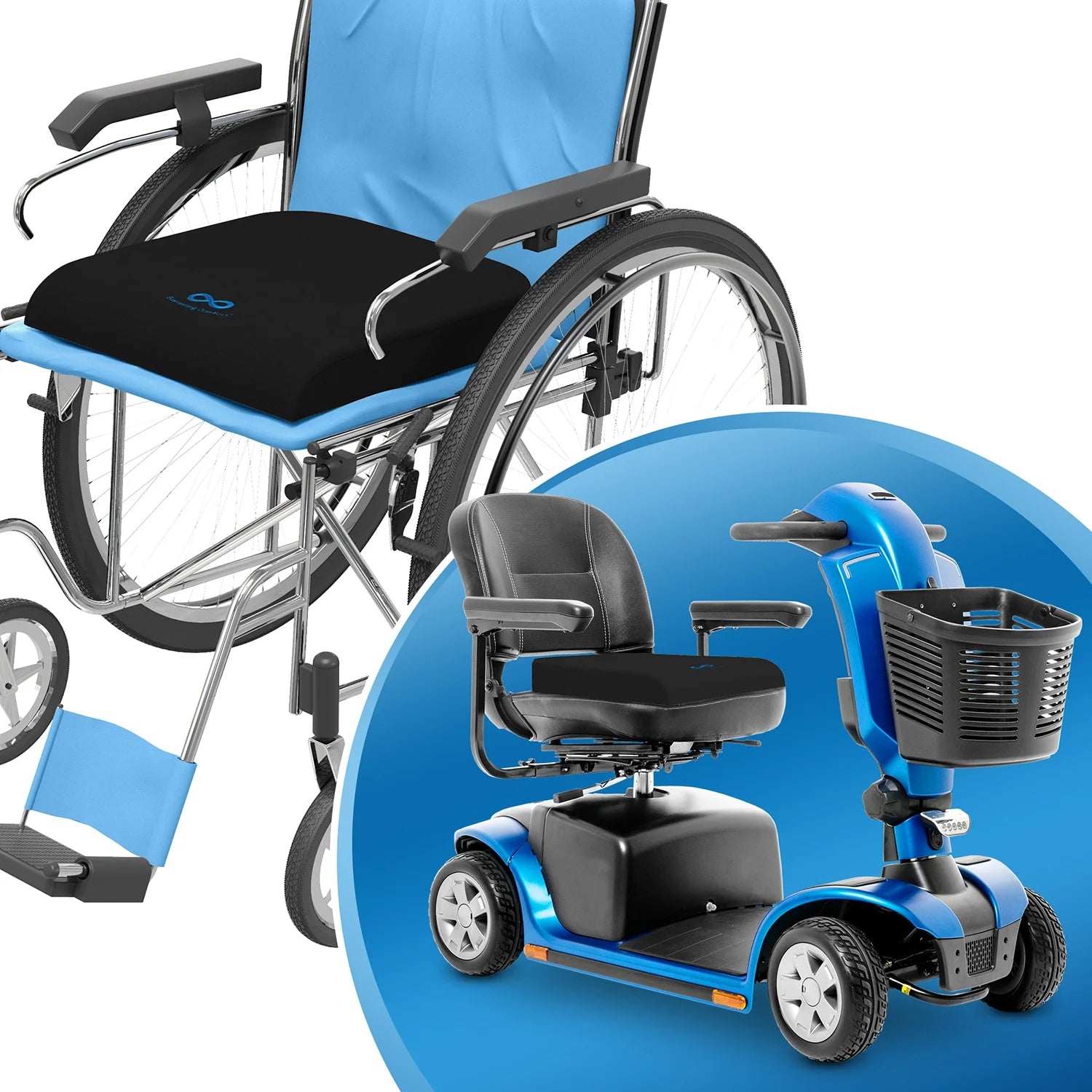 Blue wheelchair and scooter on a white background

