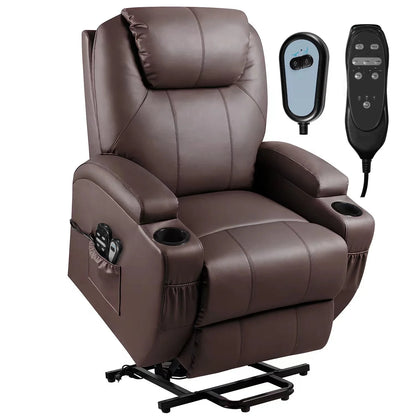 Brown leather recliner chair with remote controls on a white background