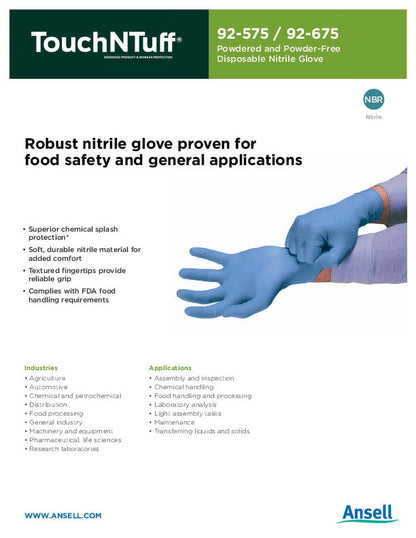 TouchNTuff nitrile glove advertisement with a person wearing a blue glove, highlighting food safety and general applications.