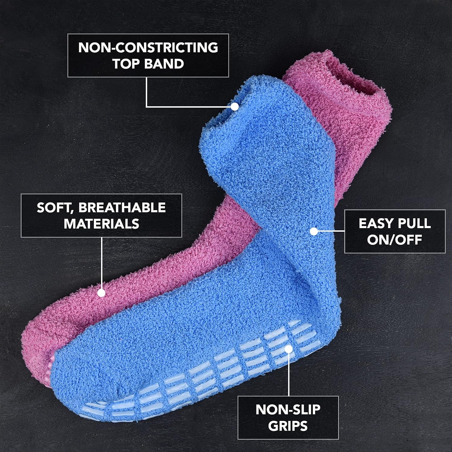 Pair of blue and pink socks with features highlighted on a black background
