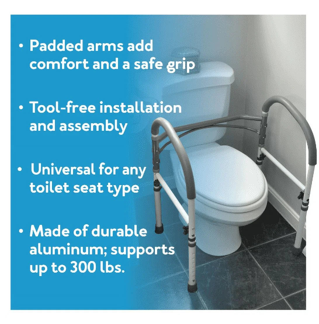 Carex toilet safety rails installed around a standard toilet. Provides safe, supportive access for elderly and mobility-impaired users.