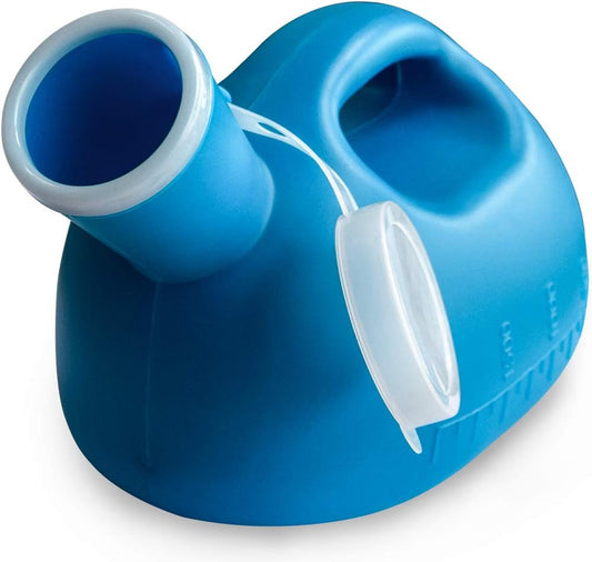 Blue and white dual container with a hose on a white background

