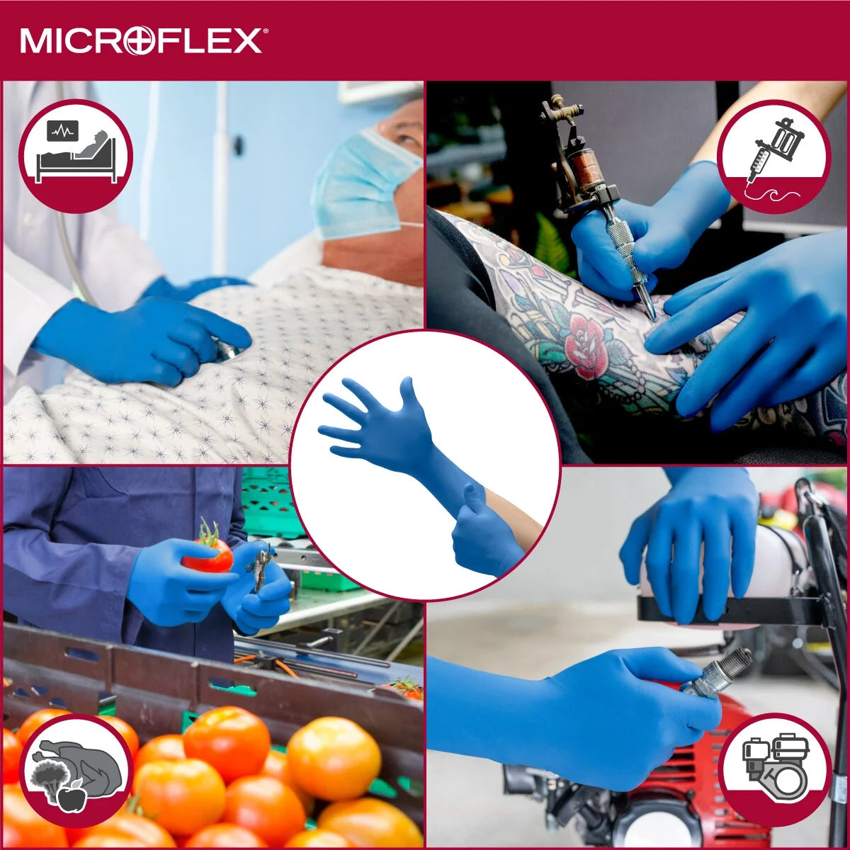 Collage of images showing hands wearing blue gloves in various settings with Microflex branding.