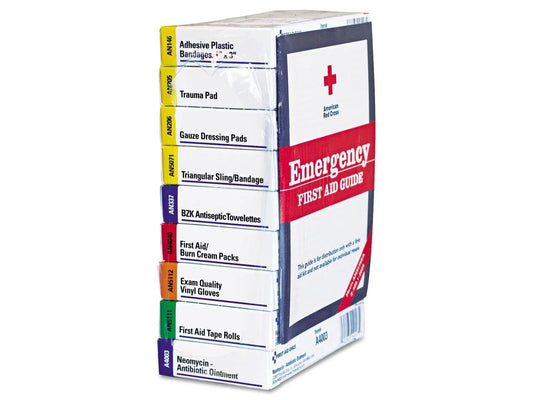First aid kit with various components on a white background

