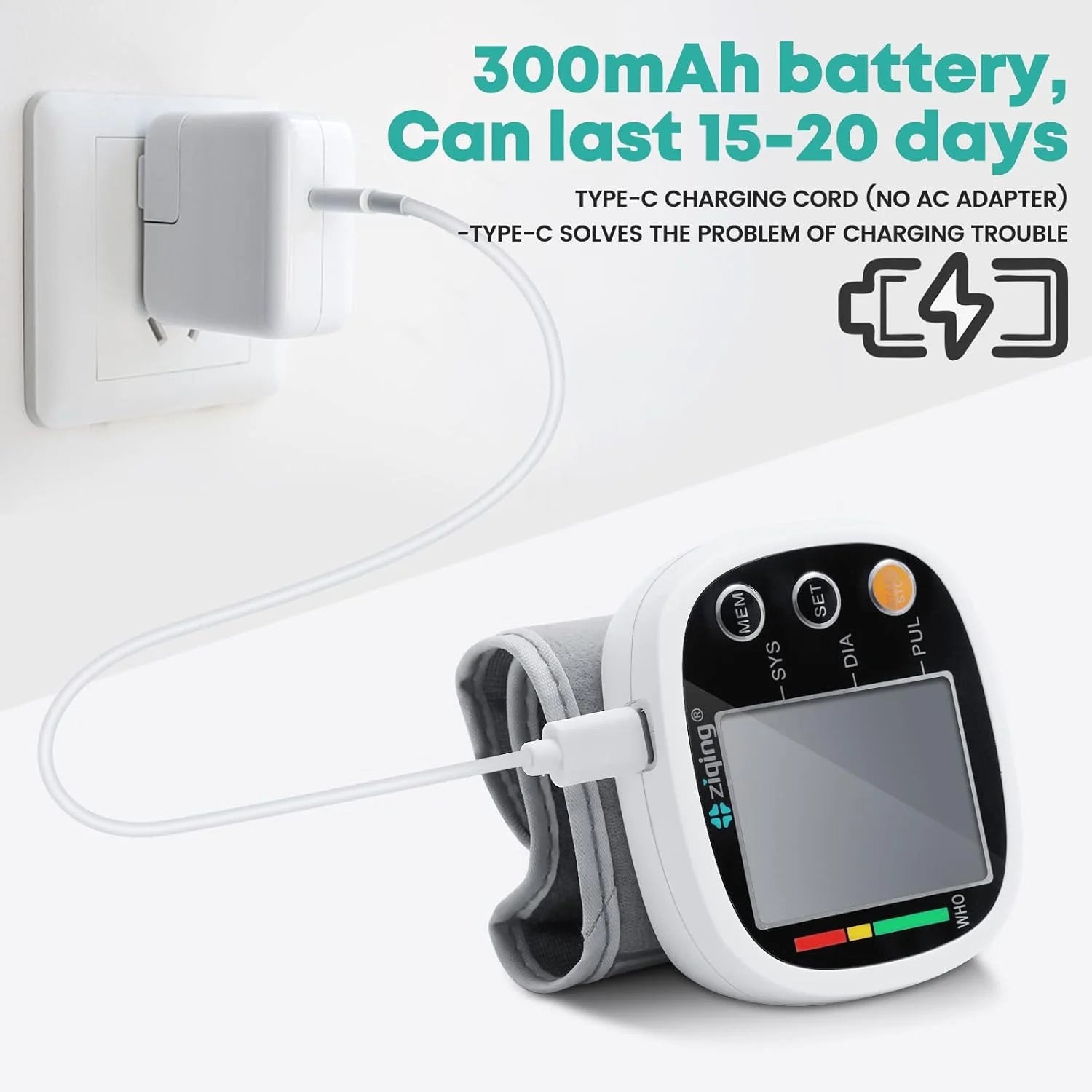 Wristband device with charging cable and text about battery life and charging solution.

