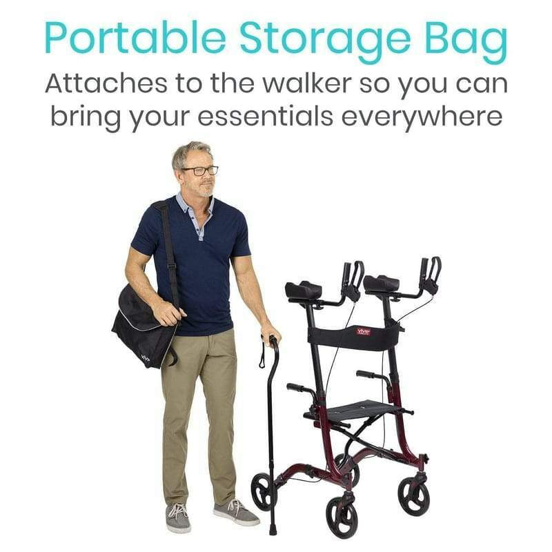 Man with a walker and portable storage bag on a white background