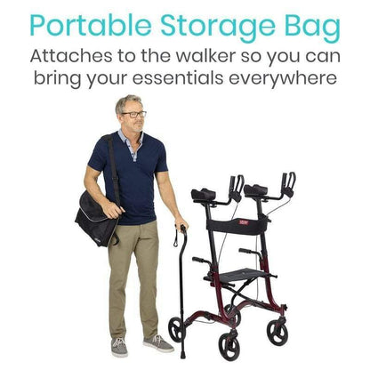 Man with a walker and portable storage bag on a white background
