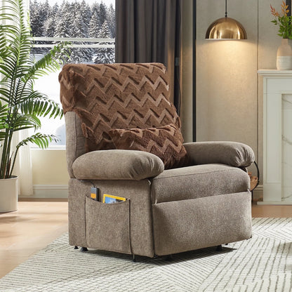 Beige recliner chair with a brown patterned blanket in a living room setting.