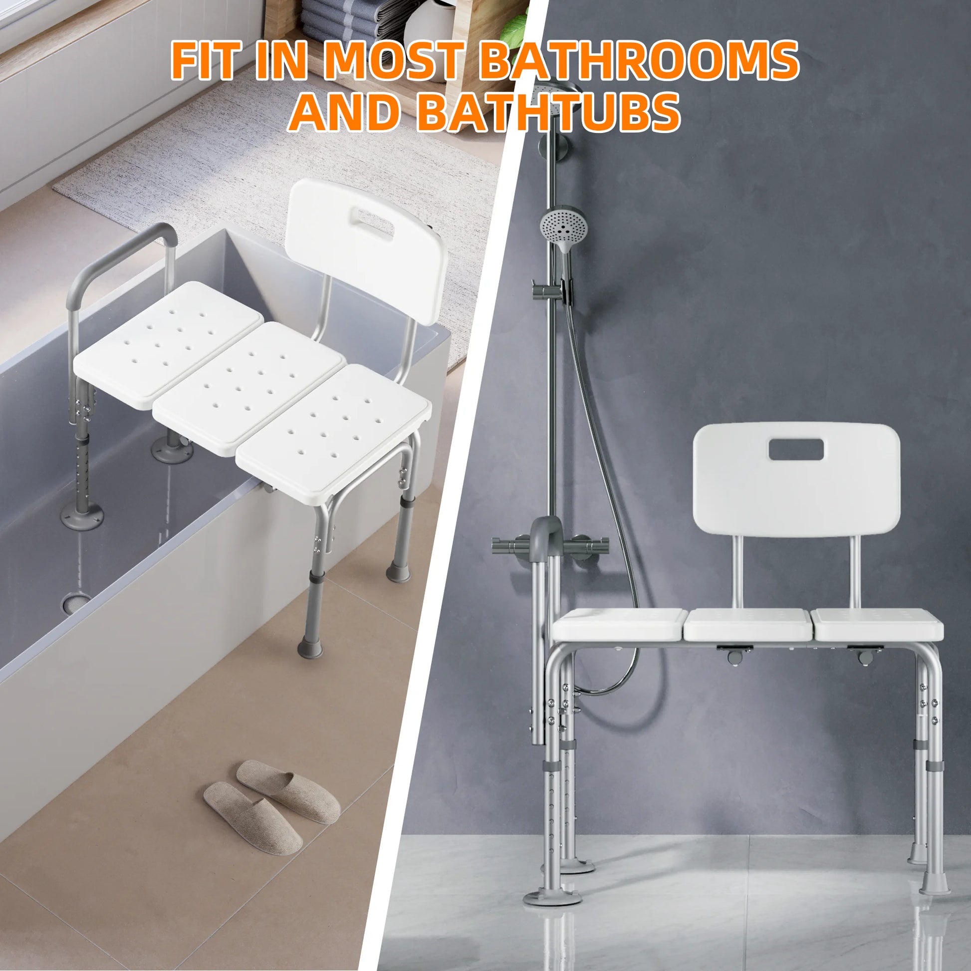 White shower chair with adjustable backrest in a bathroom setting, featuring text 'Fit in most bathrooms and bathtubs'.

