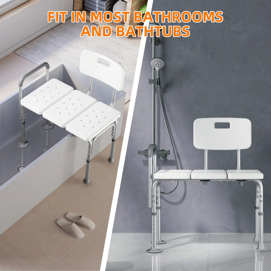 White shower chair with adjustable backrest in a bathroom setting, featuring text 'Fit in most bathrooms and bathtubs'.

