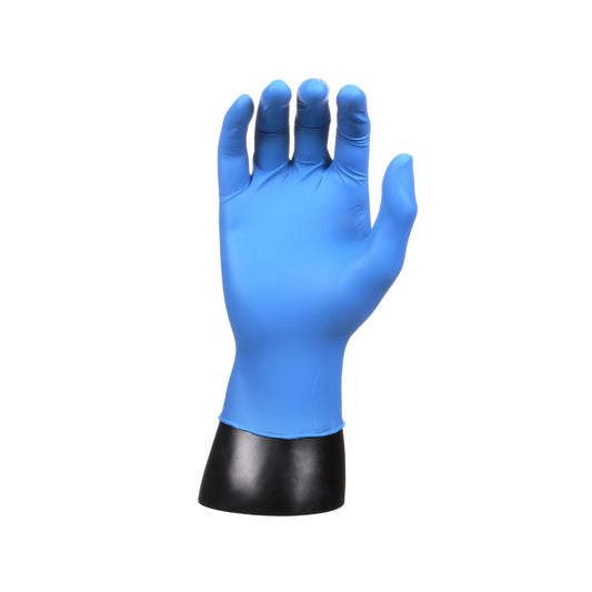 Blue glove on a black mannequin hand against a white background