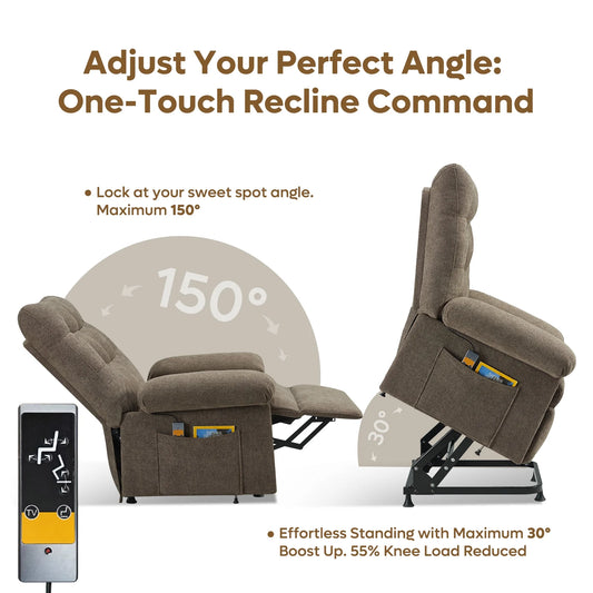 Brown recliner chair with one-touch recline command and digital display on a white background
