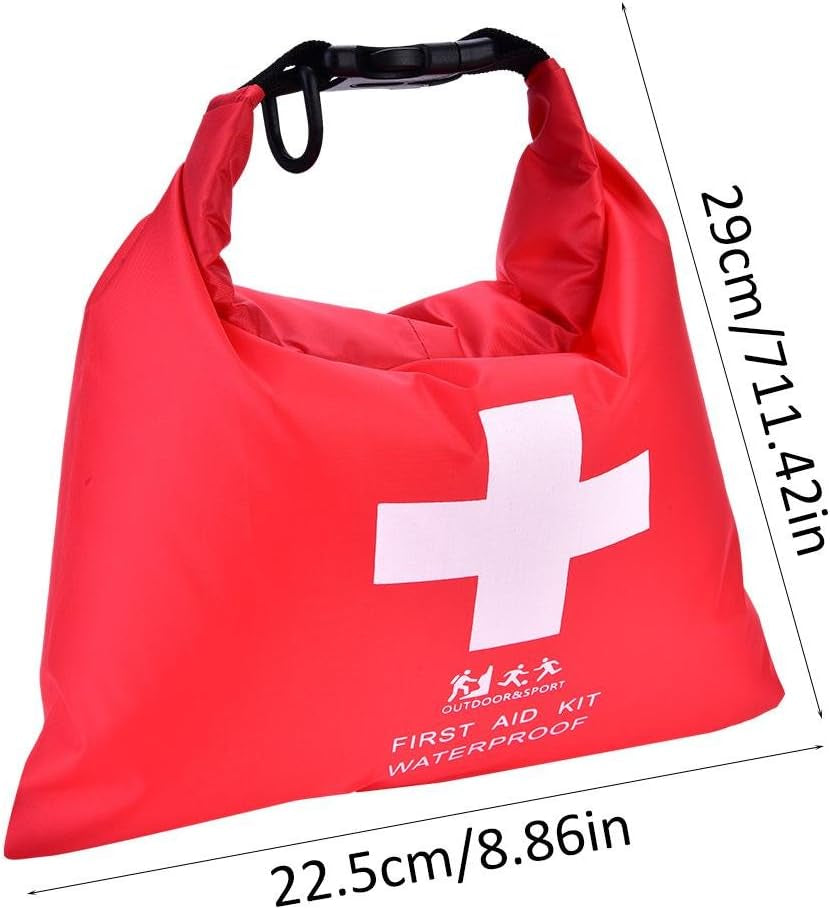 Red first aid kit bag with a white cross and measurement details on a white background

