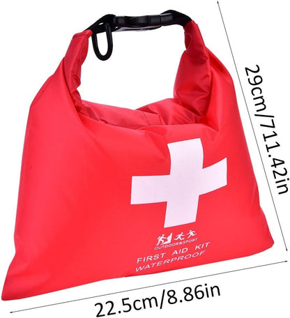 Red first aid kit bag with a white cross and measurement details on a white background

