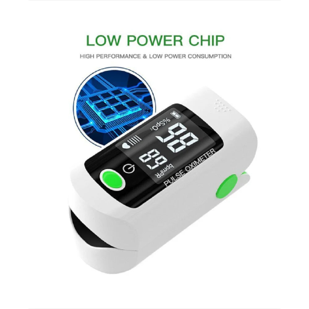 Finger pulse oximeter with digital display on a white background

