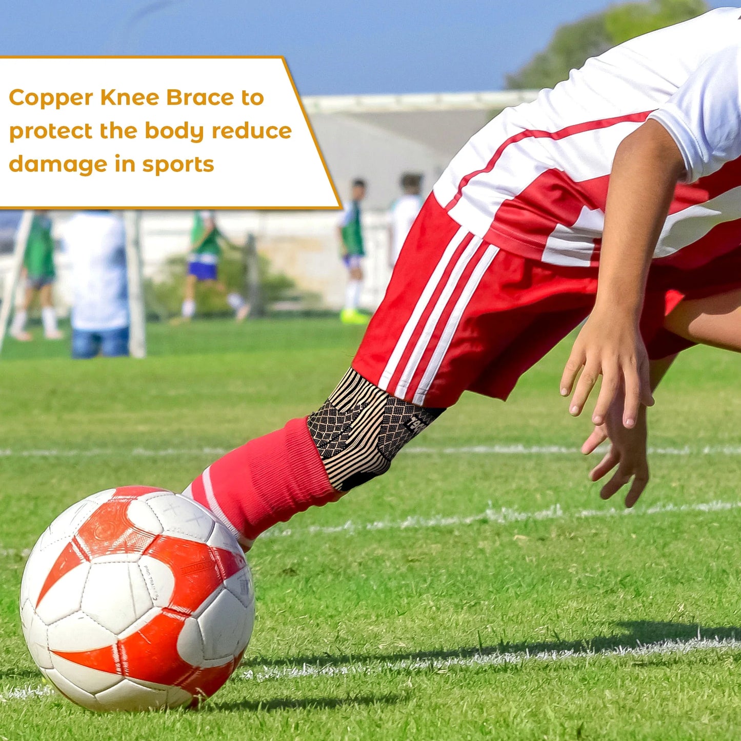Person playing soccer on a field with text about copper knee braces.

