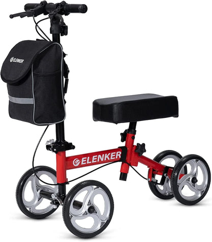 Red knee scooter with black seat and bag on a white background, featuring the Elenker brand.

