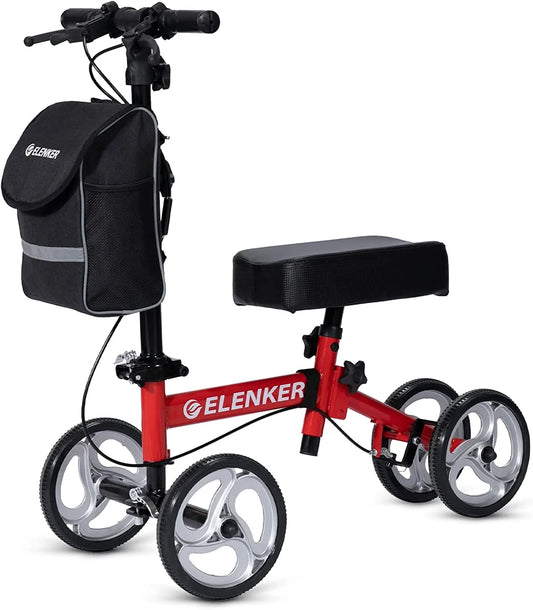 Red knee scooter with black seat and bag on a white background, featuring the Elenker brand.

