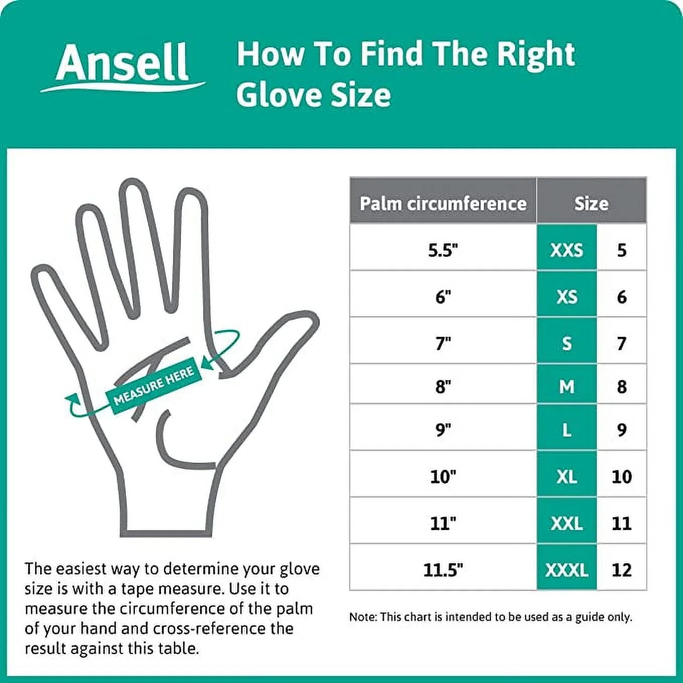 Ansell glove size chart with hand measurement guide and size chart