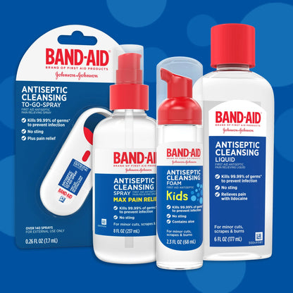 Band-Aid antiseptic cleansing products on a blue background

