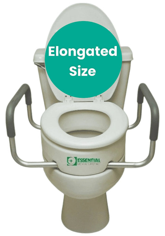 Essential Medical Raised Toilet Seat with 3.5-inch elevation and padded aluminum armrests. Designed for mobility, recovery, and bathroom safety.