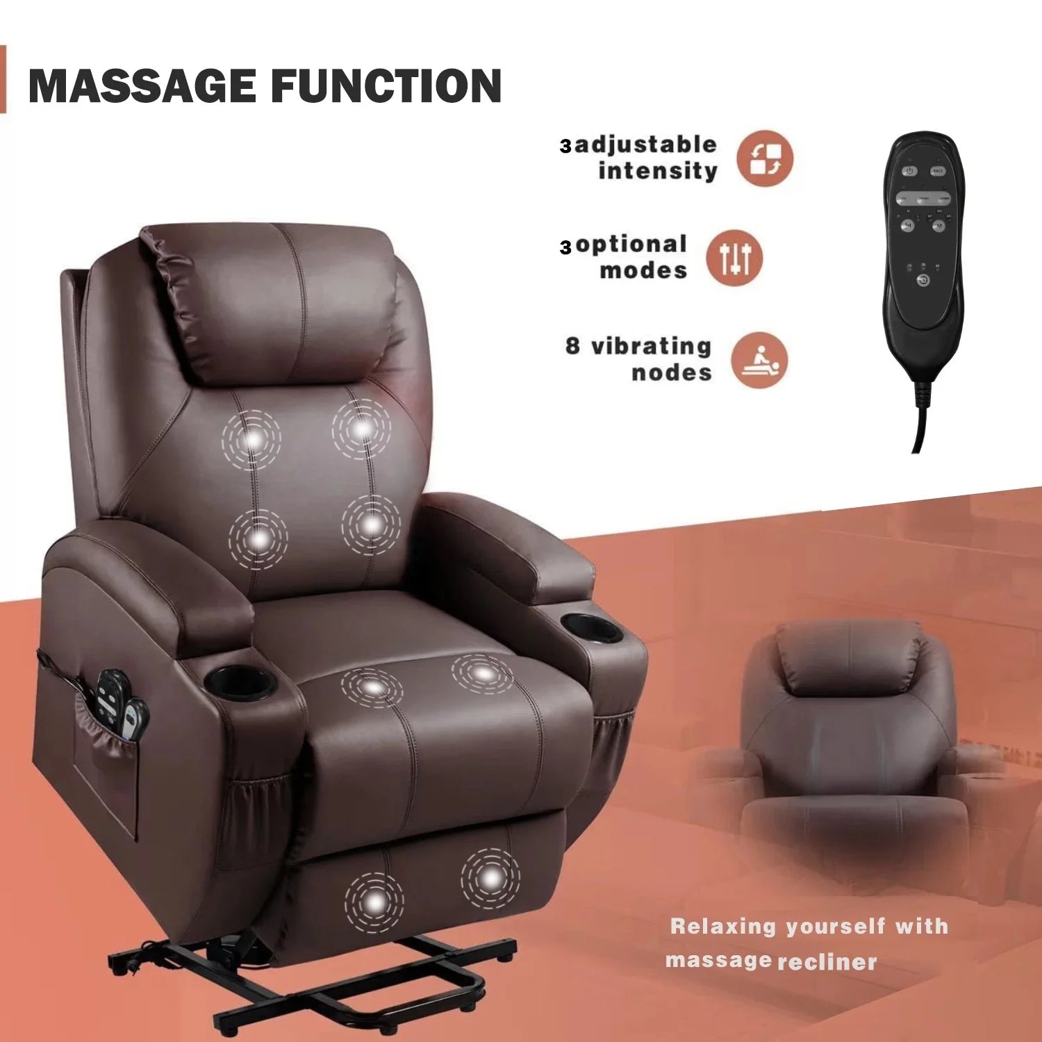 Massage recliner chair with massage function features on a white background