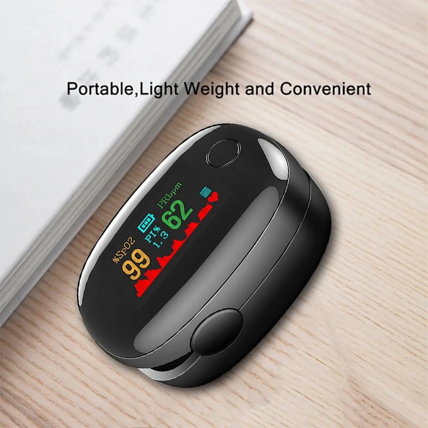 Portable pulse oximeter on a wooden surface with text 'Portable, Lightweight and Convenient'.

