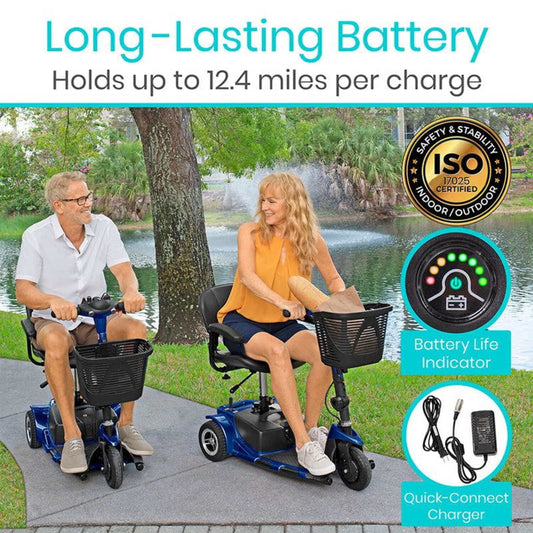 Two people using mobility scooters with product features highlighted on a scenic background.